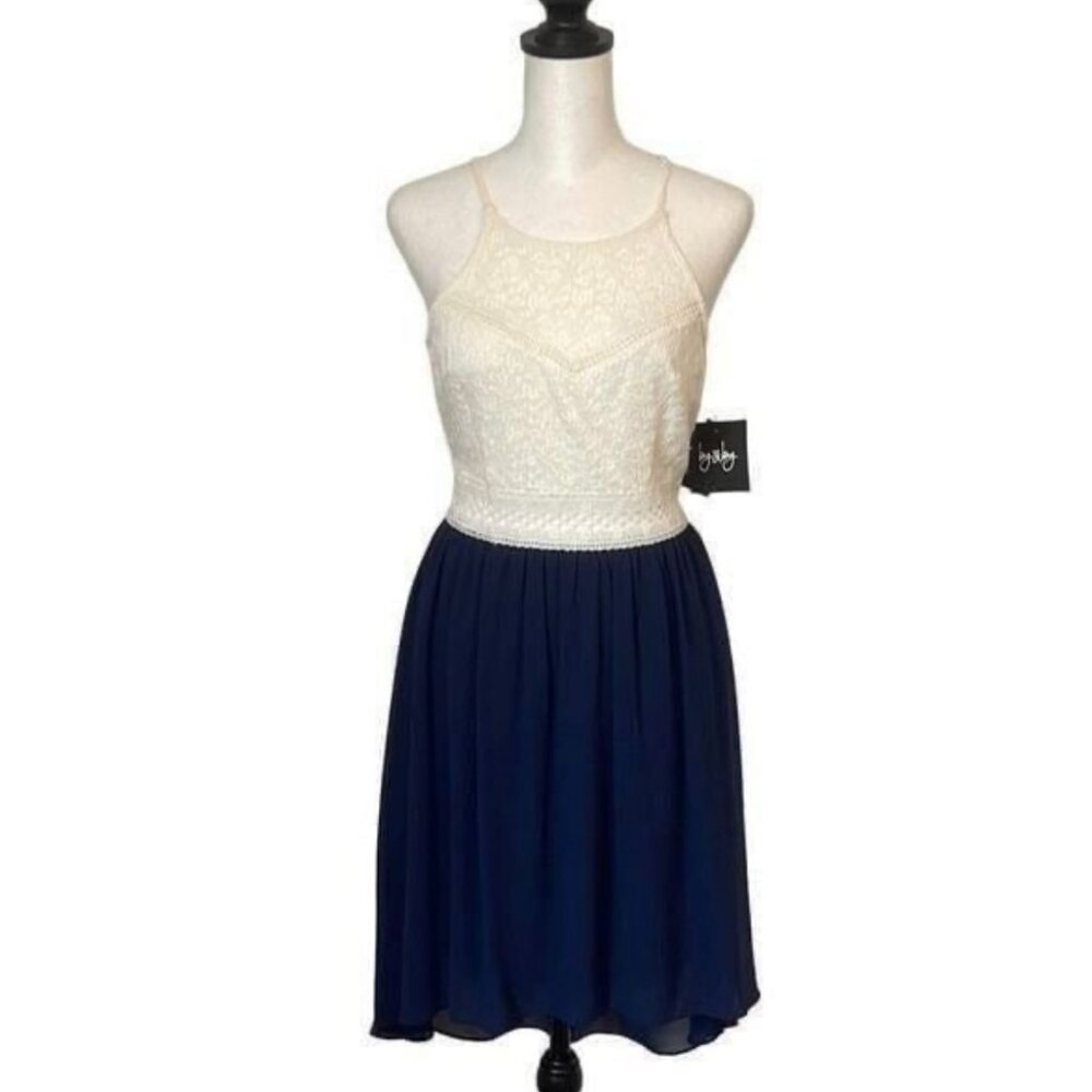 NEW juniors size 5 By & By sleeveless white crochet navy asymetrical hem dress